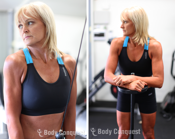 Figure Coach Geelong Ingrid Barclay's client posing in gym with barbell